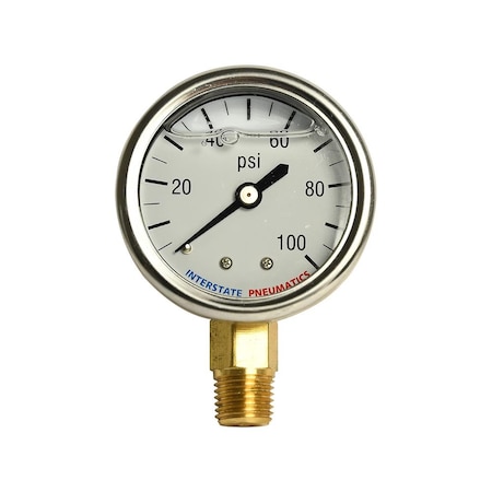 Interstate Pneumatics Oil Filled Air Pressure Gauge 100 PSI 2 Inch Dia 1/4 Inch NPT Bottom Mount G7012-100